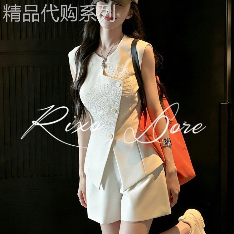 RIXO DORE法式白色无袖套装女时尚套装休闲百搭款马甲短裤两件套