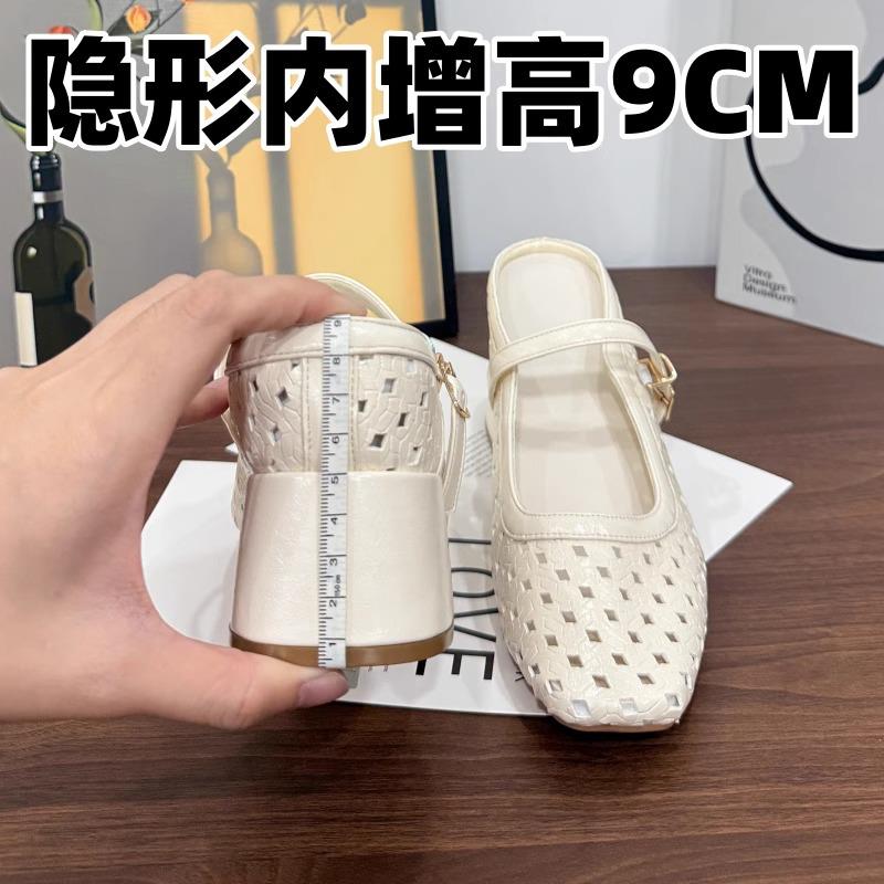 香港真皮增高方头包头拖鞋女夏2025新款透气镂空百搭编织高跟凉鞋