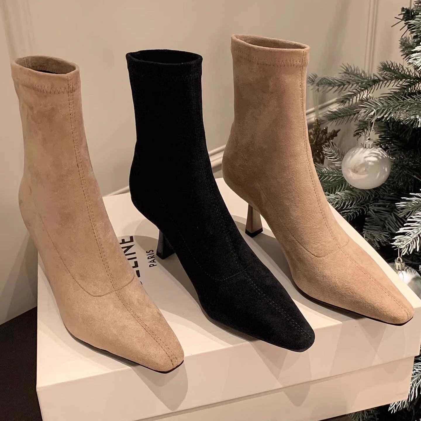 RVFA法式杏色绒面高跟短靴女裸色秋冬韩版弹力袜靴瘦瘦靴细跟踝靴