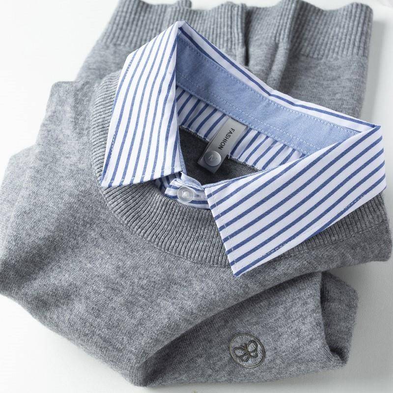 MAROLIO~上身显年轻！内搭保暖衬衫领毛衣男假两件商务针织衫男