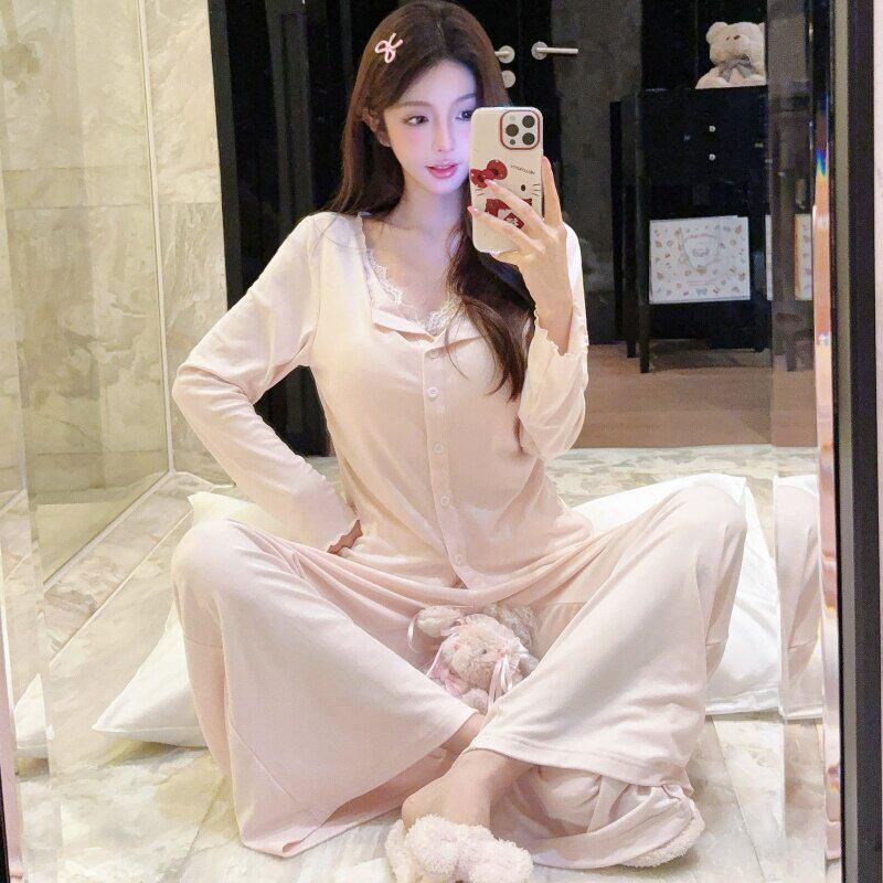 薇薇安|莫代尔纯棉睡衣女带胸垫春秋季长袖法式公主风外穿家居服