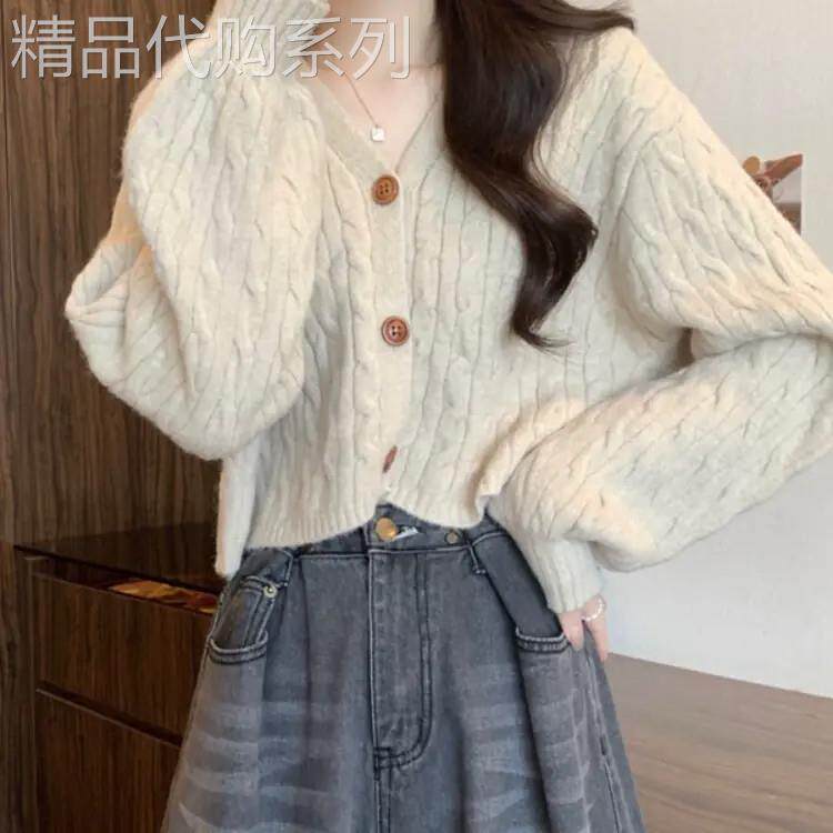 麻花毛衣开衫外套女秋冬2026新款宽松慵懒风小个子v领针织衫上衣