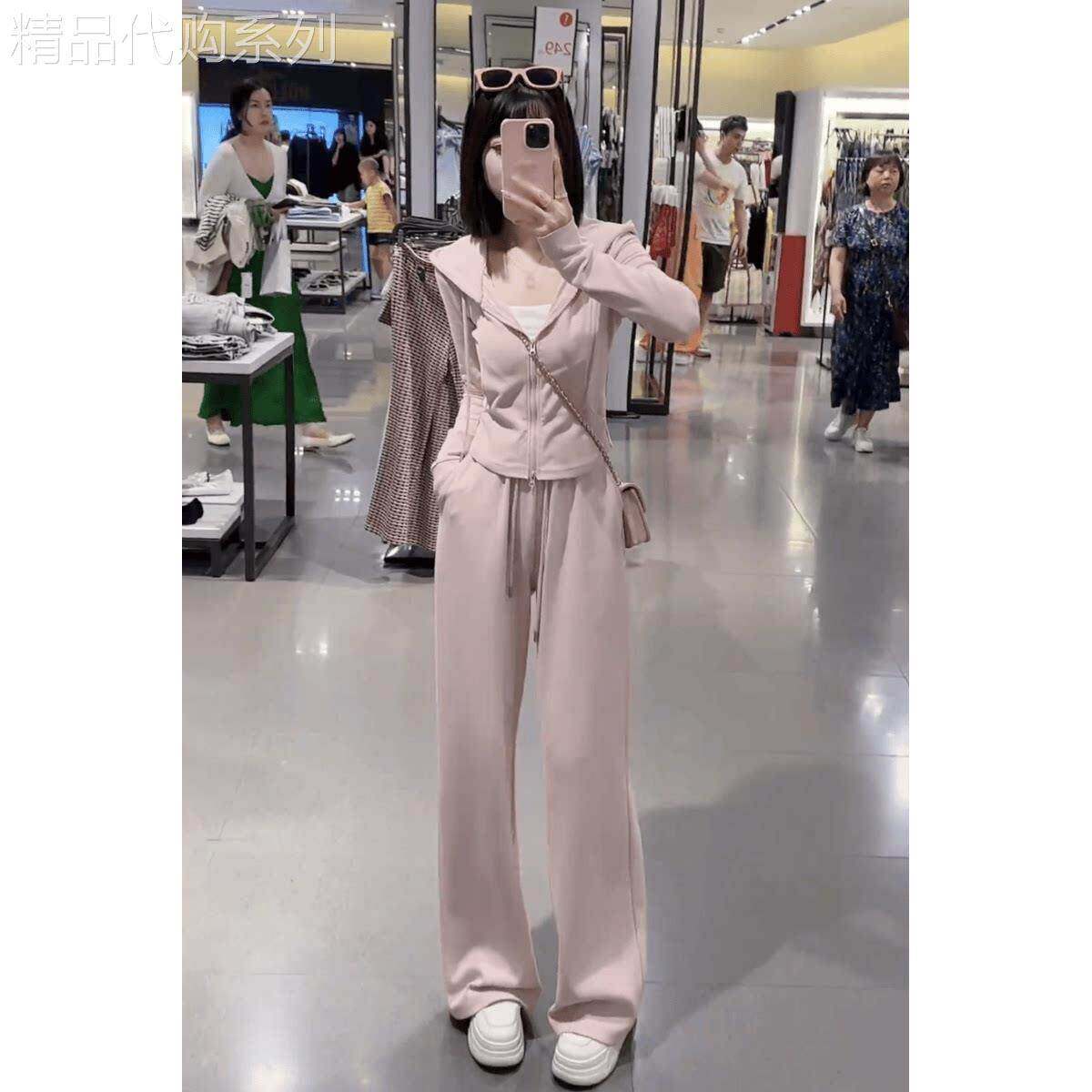 休闲套装女秋季2026新款设计感连帽开衫卫衣高腰阔腿裤减龄两件套