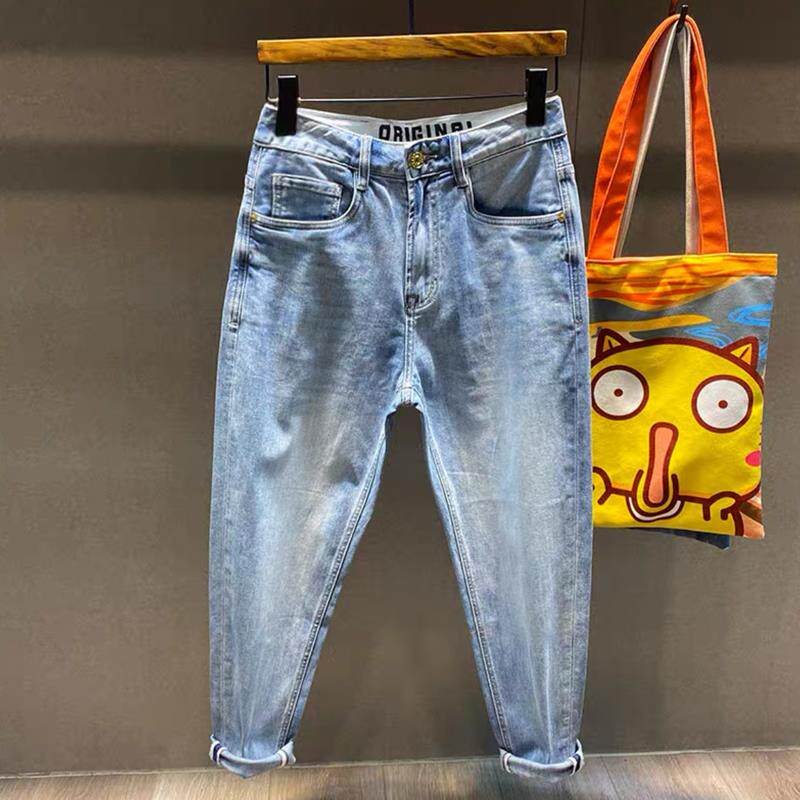 香港潮牌宽松九分牛仔裤男2024春夏韩版潮流锥形萝卜哈伦休闲长裤