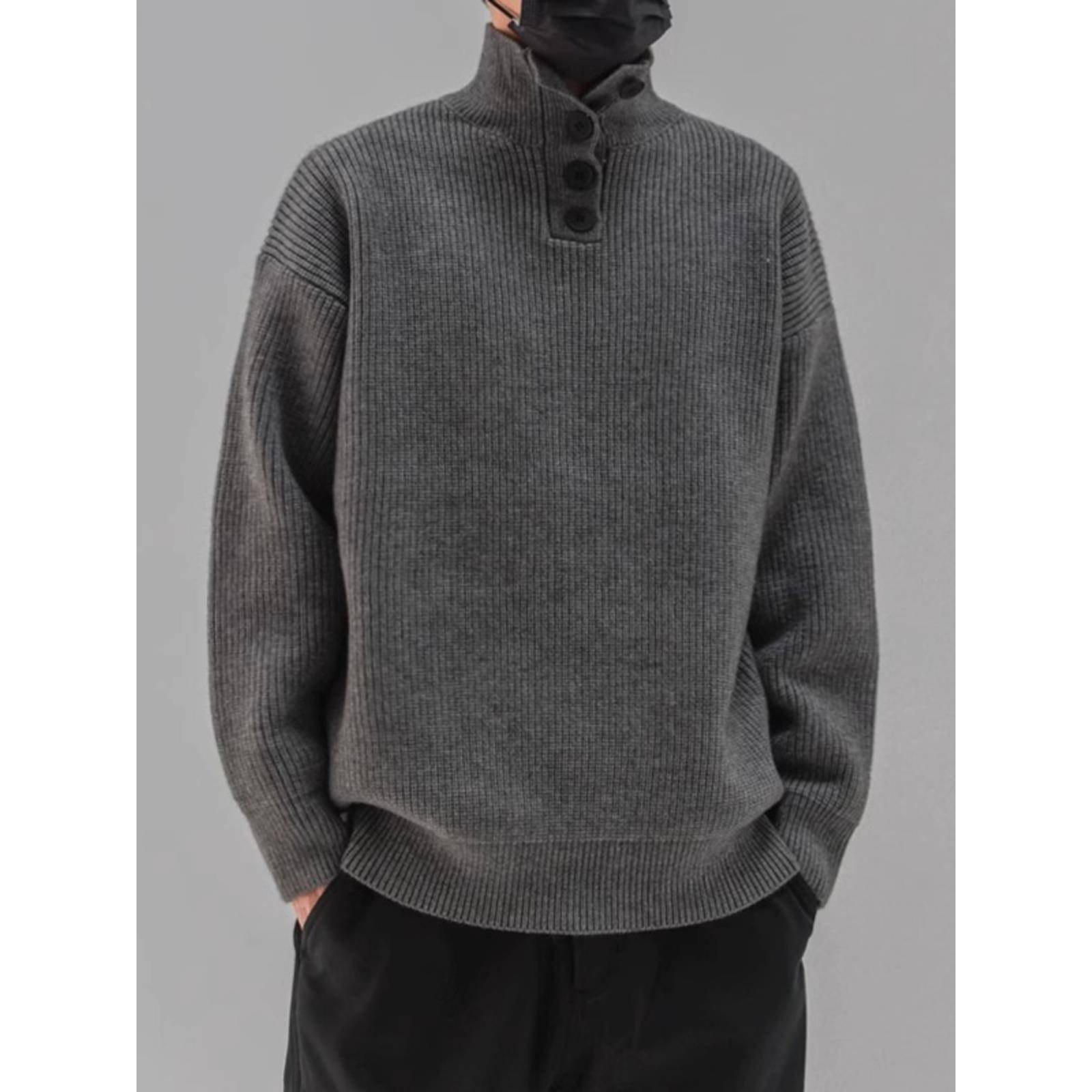 it neith BIAS潮牌秋冬日系覆古纽扣半高领毛衣男加厚内搭针织衫