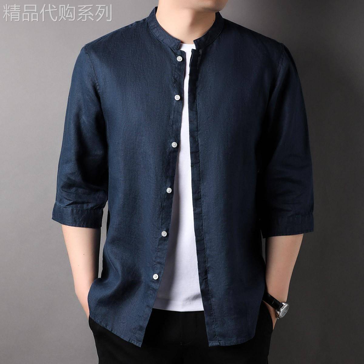 MK夏季100%纯亚麻七分袖衬衫男中国风立领国朝高端半袖男士衬衣潮