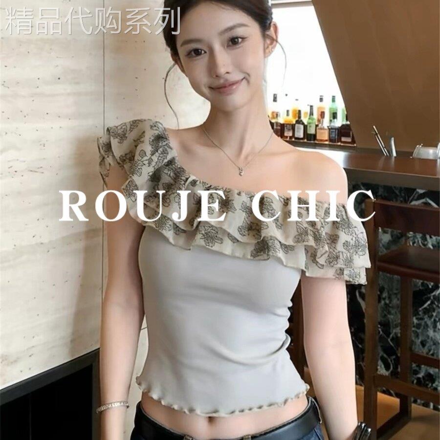 法国rouje chic法式高级感碎花荷叶边斜肩衬衫女夏季小众修身上衣