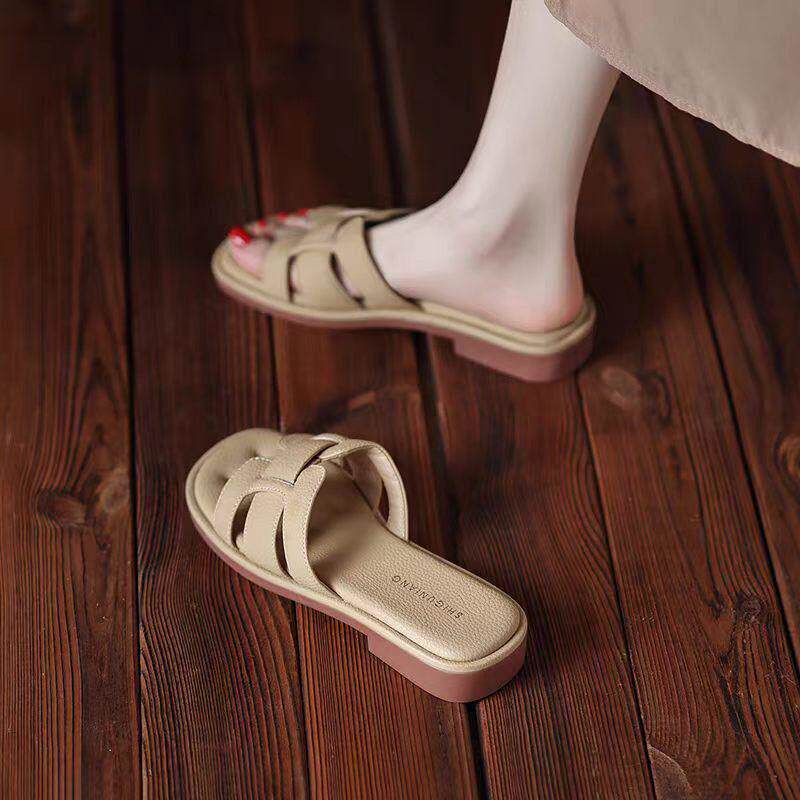 香港真皮法式编织拖鞋女夏外穿2026新款软底不累脚配裙子沙滩凉鞋