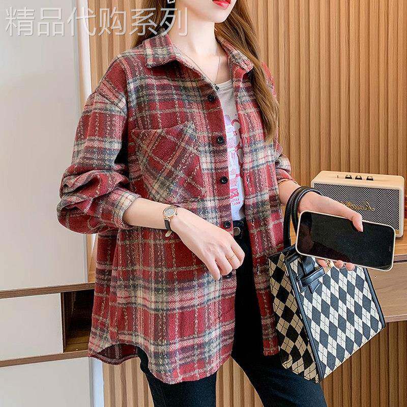 毛呢格子衬衫女春秋款欧货磨毛加厚保暖复古大码高端宽松休闲外套