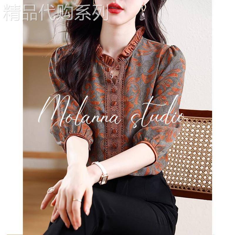 Molanna印花短袖衬衫女夏季新款宽松大码女士减龄中袖小衫上衣薄