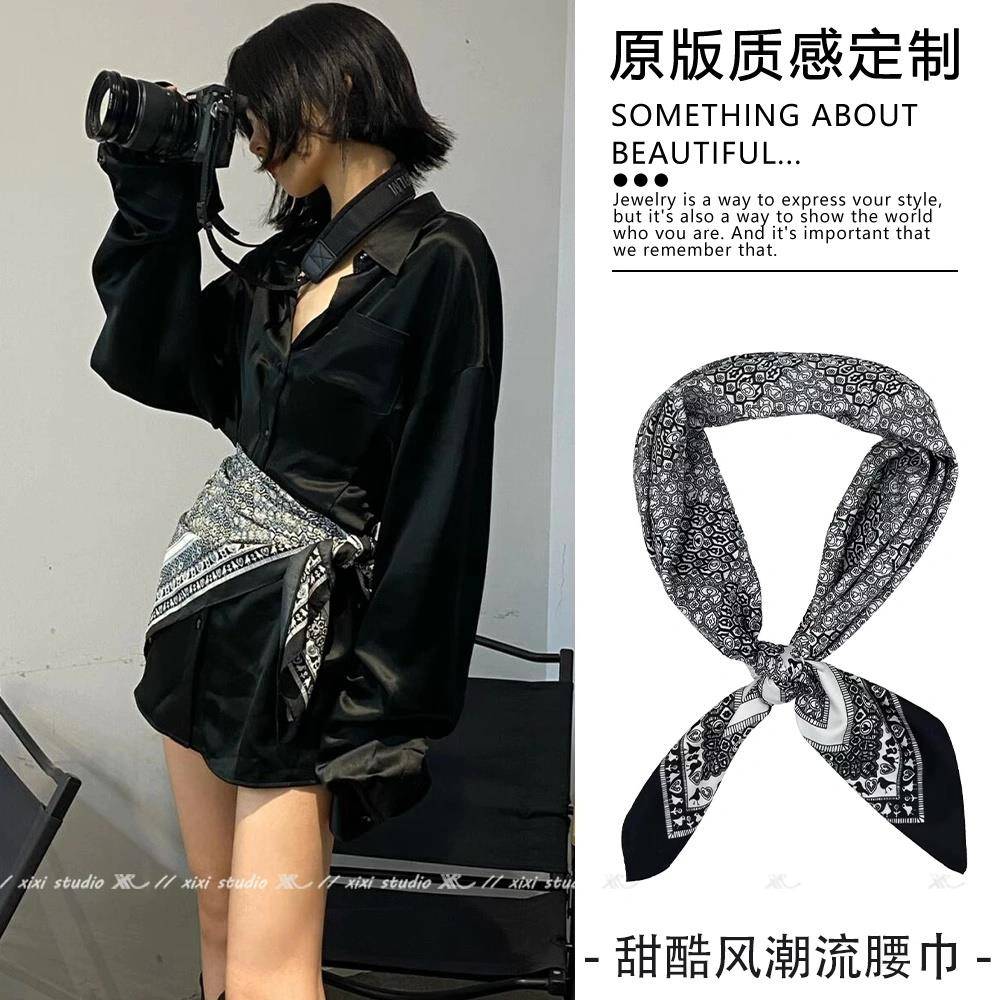 黑色印花三角巾女甜酷潮流风缎面腰封叠穿时尚高级感搭配牛仔裤带