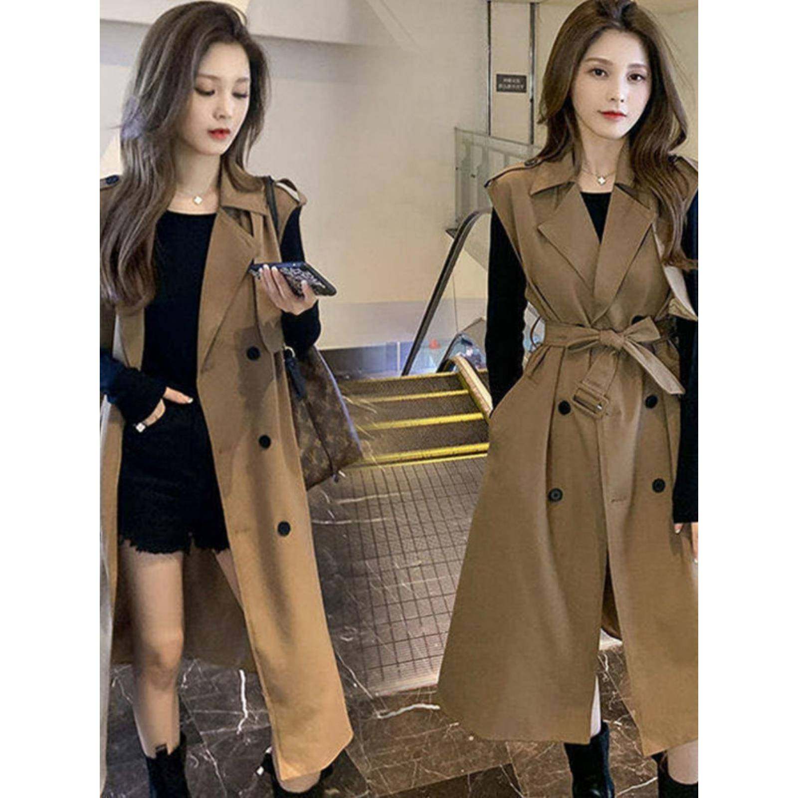 专柜秋新款风衣女长款过膝外套宽松收腰风衣马甲西装打底两件套潮