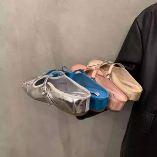 潮牌內(nèi)增高銀色單鞋 女外穿2025春秋瑪麗珍芭蕾舞鞋 粉色包頭半拖鞋