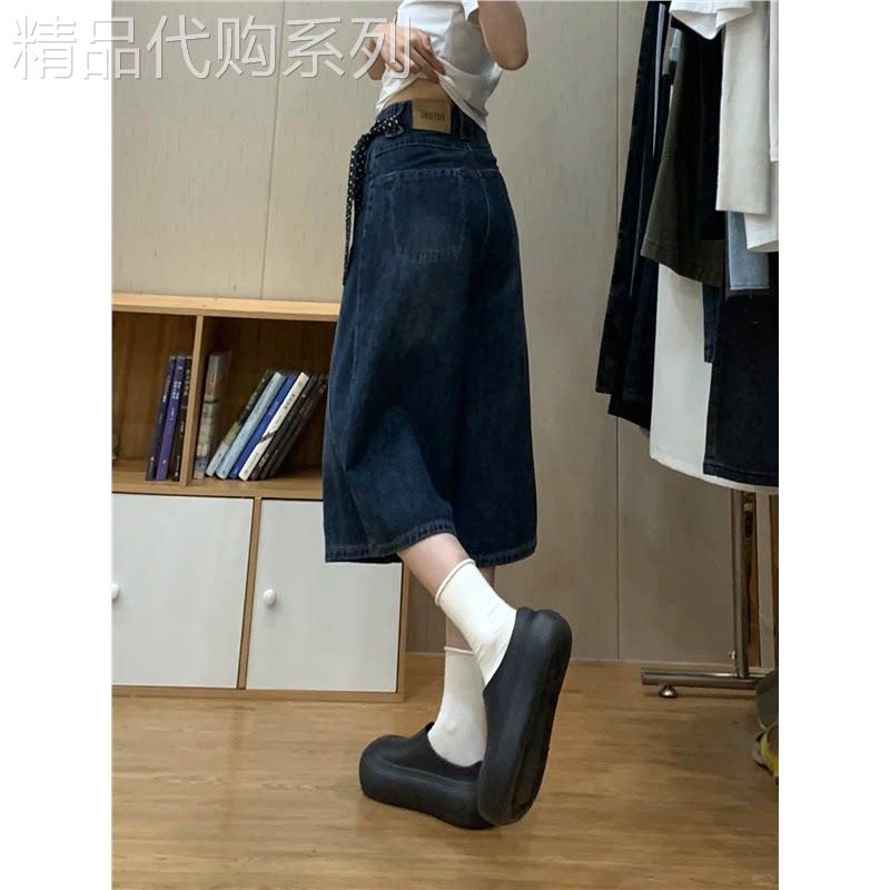 Next Moon美式复古蓝七分牛仔短裤女夏季高腰宽松显瘦减龄百搭潮