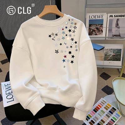 香港CLG潮牌美式复古圆领卫衣男秋冬加绒重磅百搭休闲长袖打底衫