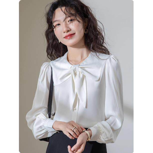 专柜法式娃娃领蝴蝶结缎面衬衫女2025春秋季新款通勤职业叠穿上衣