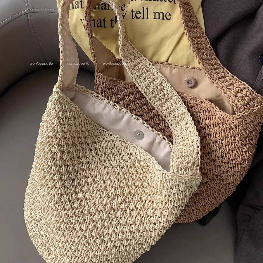 日本草包编织包女款2025新款夏天海边度假单肩文艺水桶包包手提