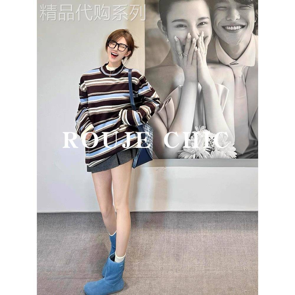法国rouje chic蓝棕色条纹宽松长袖T恤女早秋慵懒高级感圆领上衣
