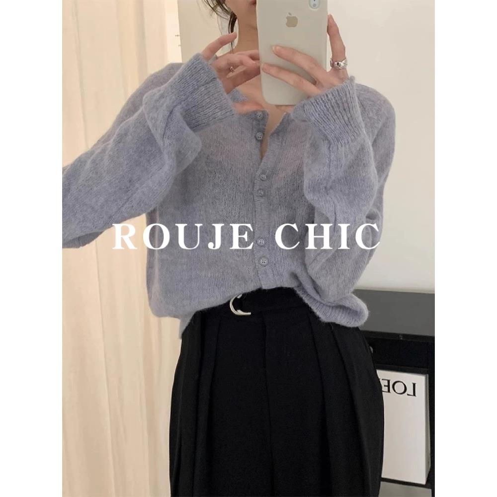 法国rouje chic法式简约蓝色软糯马海毛针织衫女秋季慵懒外搭毛衣