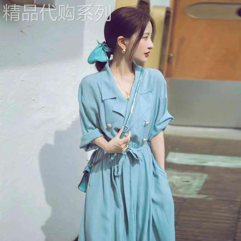 FAshi 2026夏季新款女装轻奢高级感薄款长裙御姐蓝色衬衫式洋装子