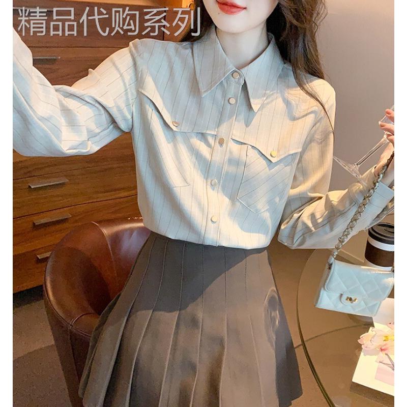 香港TIMO覆古条纹衬衫女春秋法式POLO领衬衣设计感长袖洋气小衫