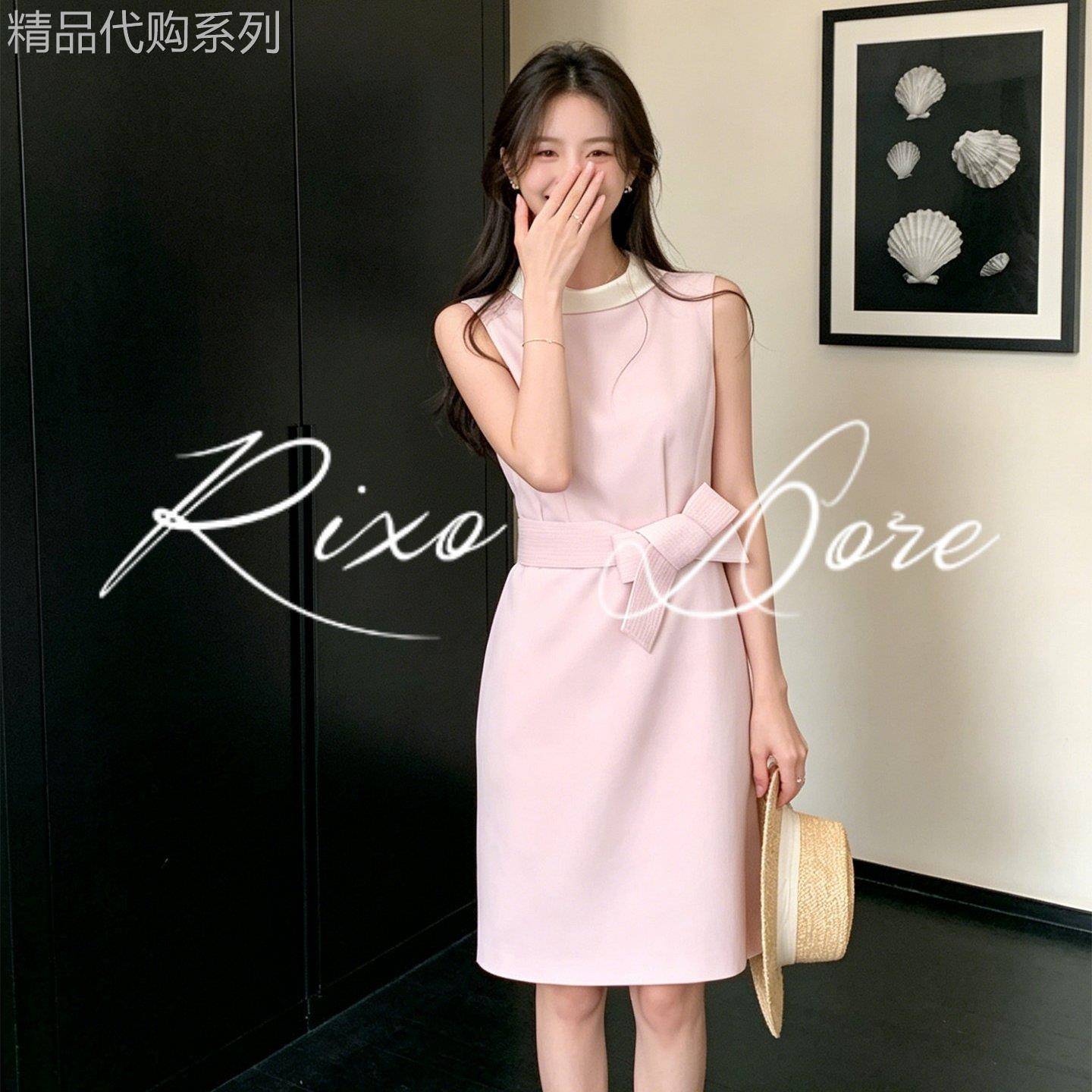 RIXO DORE法式小香风撞色领无袖洋装蝴蝶结收腰显瘦通勤背心裙