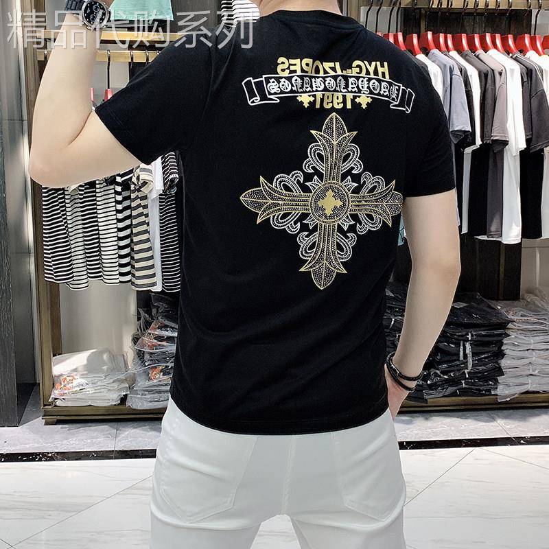夏季潮流新款圆领短袖T恤男潮牌印花烫钻丝光棉修身半袖体恤上衣