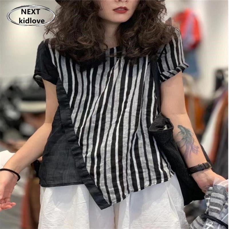 香港夏装欧货不规则拼接条纹短袖苎麻衬衫女休闲时尚薄款棉麻衬衣