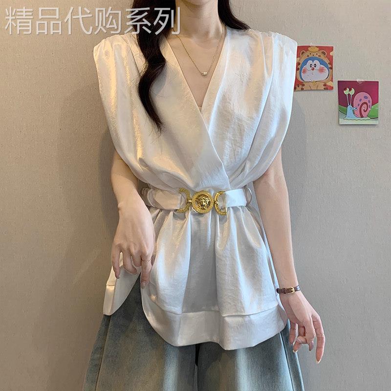 高级感白色V领无袖衬衫女夏季新款宽松大尺码胖MM收腰遮肚显瘦上