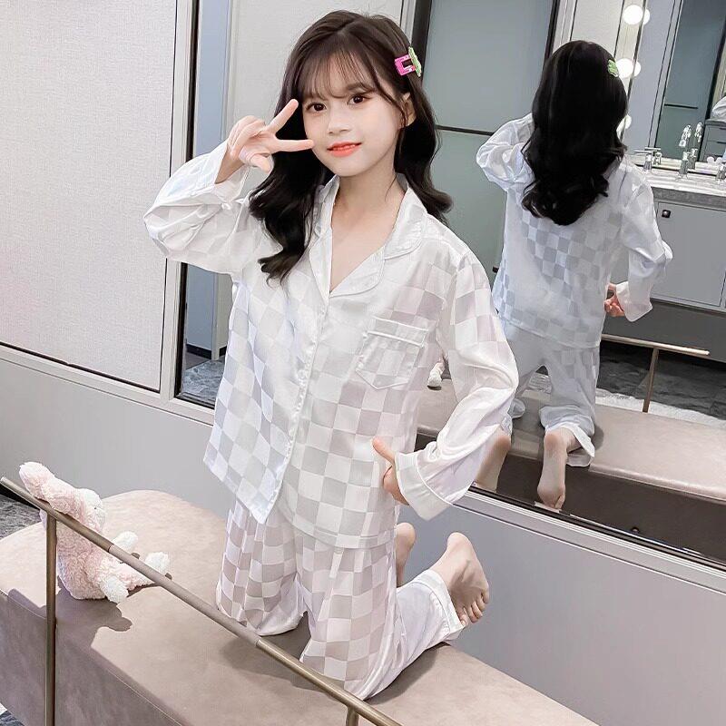 儿童薄款真丝睡衣女童长袖春秋季中大童冰丝睡衣女孩家居服套装夏