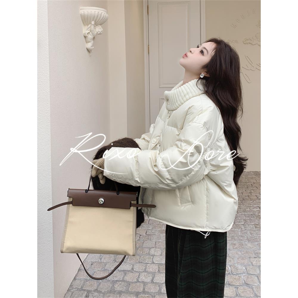 RIXO DORE法式针织立领拼接白色羽绒服女新款高级感小个子面包服