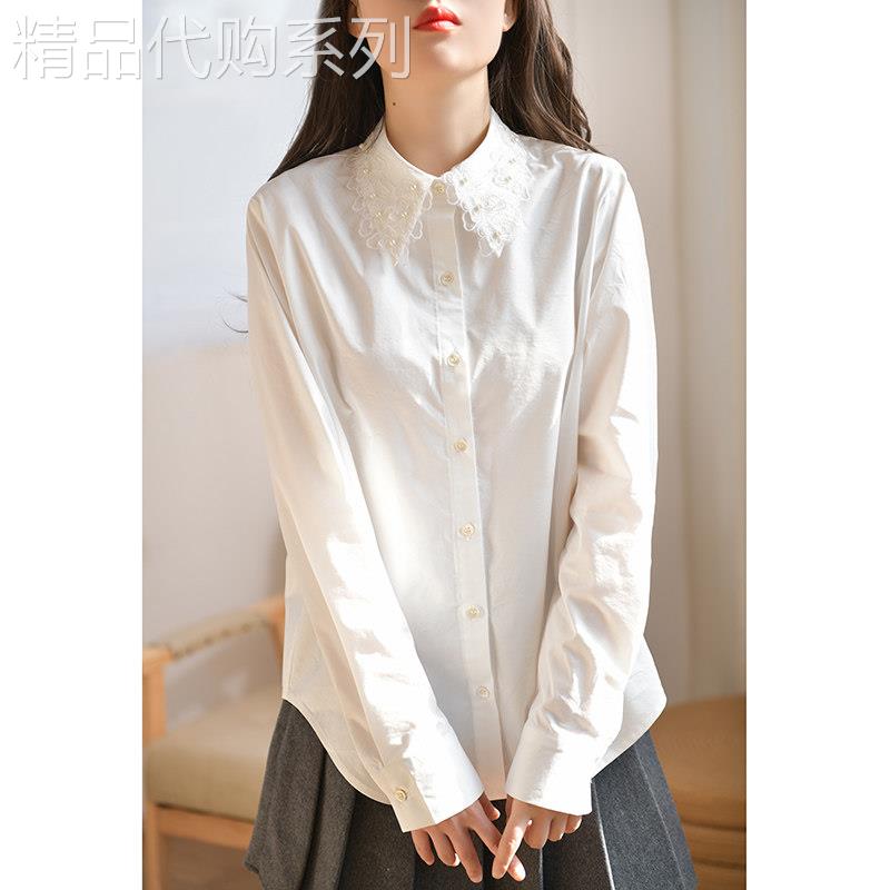GESGOO法式白色衬衫女显瘦挺括衬衣洋气尖领长袖上衣2025早春新品