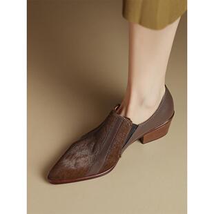 A.D Hepburn~马毛深口单鞋女2025秋冬新款法式中跟粗跟尖头及踝靴