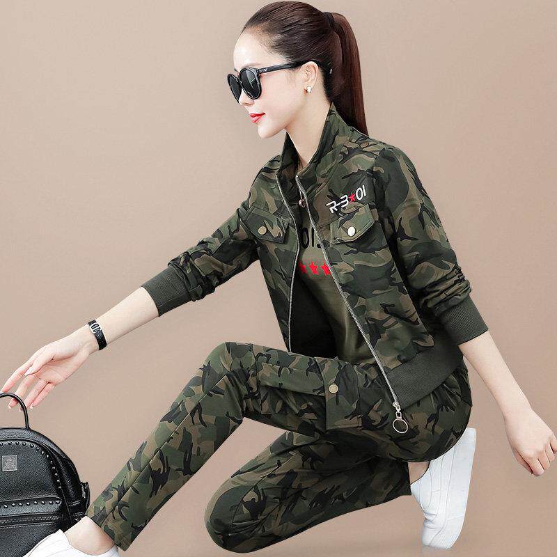 潮牌CVY运动套装女士2026春秋新款韩版洋气户外休闲迷彩服三件套