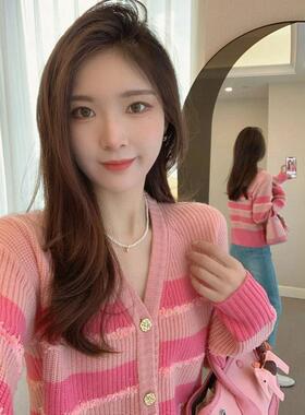 RIGHT SINI小香风粉色羊毛针织开衫外套韩系上衣小众高端羊绒毛衣