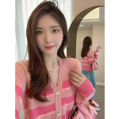 RIGHT SINI小香风粉色羊毛针织开衫外套韩系上衣小众高端羊绒毛衣