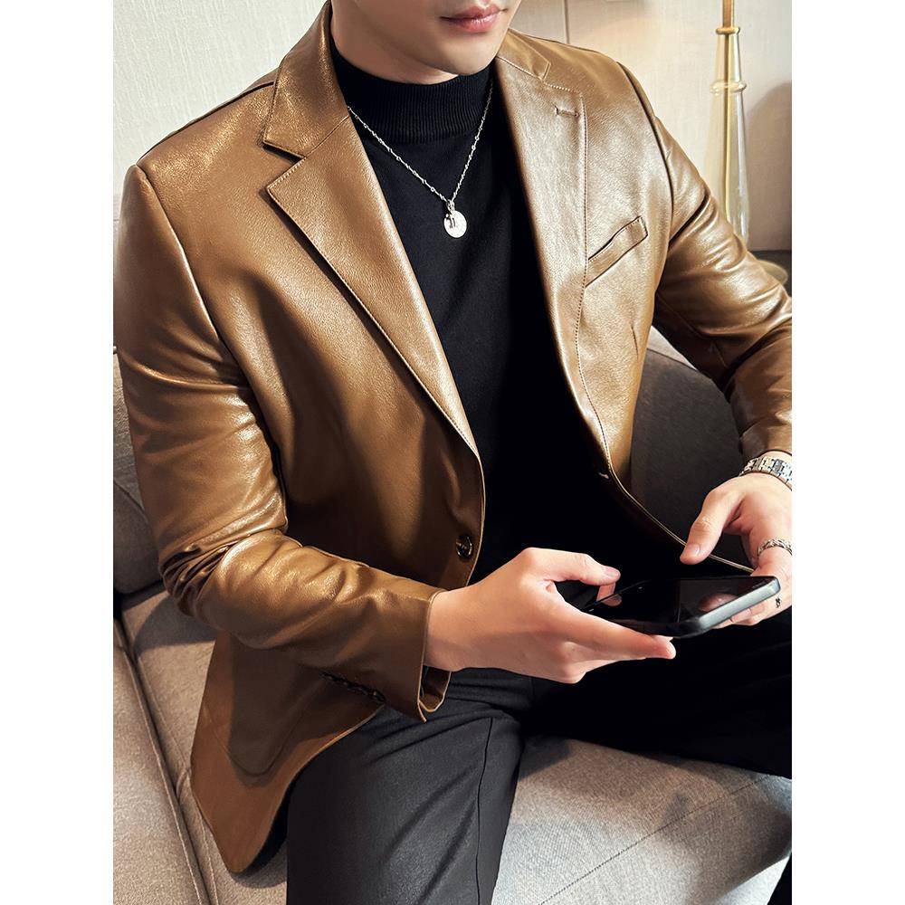 高端海宁绵羊真皮皮衣男修身短款西装领外套韩版修身潮流商务西服