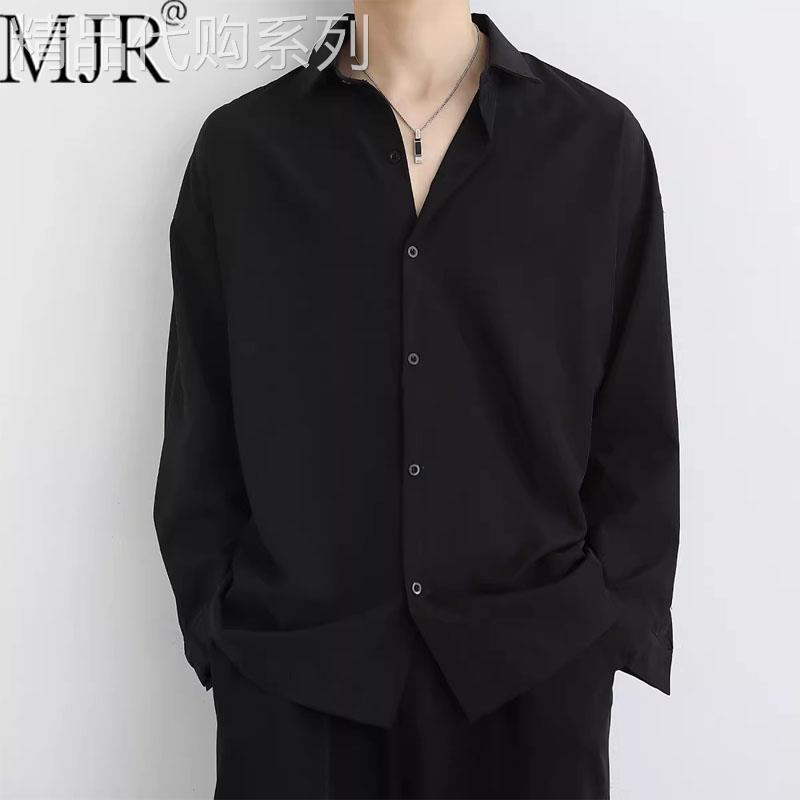 潮牌黑色男士长袖衬衫2026年春秋季新款休闲痞帅男装外套百搭衬衣
