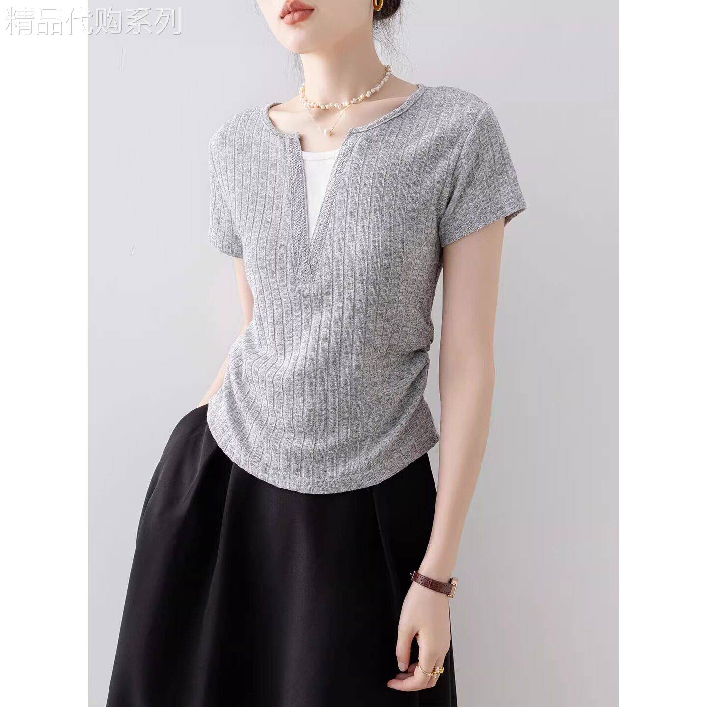 Canary Kiss浅灰色假两件T恤女2026夏季新款收腰显瘦正肩休闲上衣