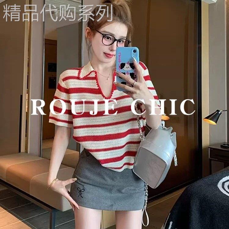 法国rouje chic复古红白条纹polo领短袖T恤女夏季设计感宽松上衣