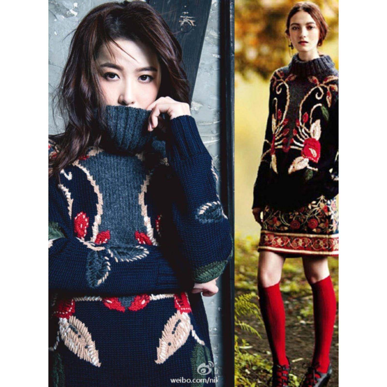 圣诞毛衣套装气质重工刺绣立体手工钩花中长款宽松套头高领毛衣女