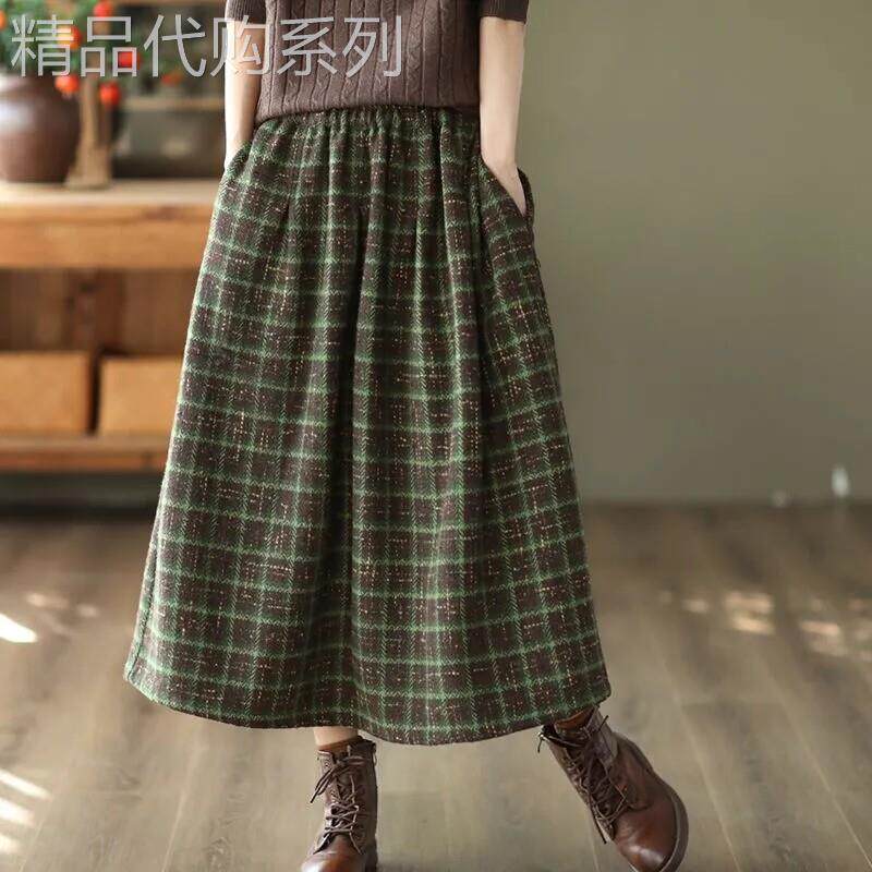 复古绿色格子毛呢半身裙女秋冬季欧货中长款加厚松紧高腰大摆伞裙