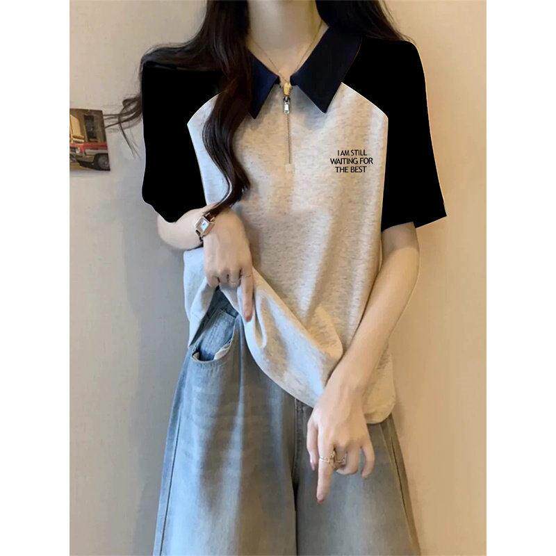 高端学院风polo领正肩半拉链短袖T恤女夏季大码胖mm显瘦减龄上衣