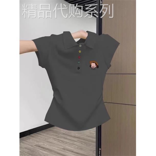 专柜灰色POLO领短袖T恤女夏季新款彩色纽扣褶皱收腰修身气质上衣