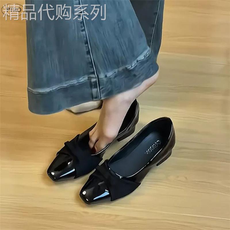真皮粗跟方头鞋女2026新款绝美配裙子蝴蝶结百搭浅口通勤工作鞋