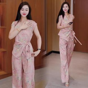 收腰显瘦短袖 女夏季 新款 减龄两件套潮 上衣阔腿裤 时尚 香港代购 套装