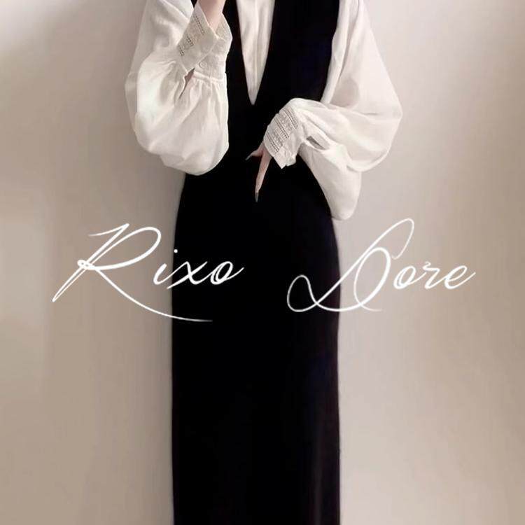 RIXO DORE法式高级感v领黑色背心裙长款女套装打底泡泡袖宽松衬衫