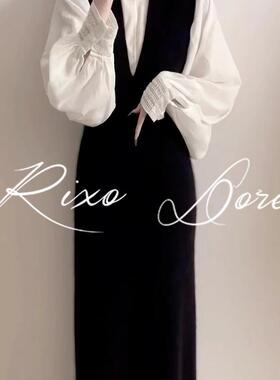 RIXO DORE法式高级感v领黑色背心裙长款女套装打底泡泡袖宽松衬衫