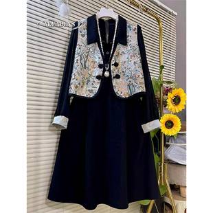 香港秋冬新款时尚胖mm大码女装新中式马甲国潮风显瘦连衣裙两件套