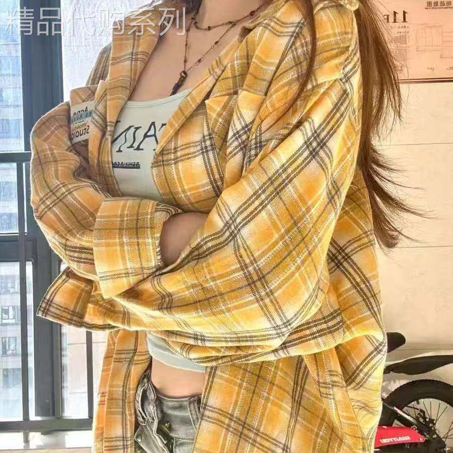 黄色格子衬衫女春秋季2026新款大码胖mm气质修身百搭长袖衬衣外套